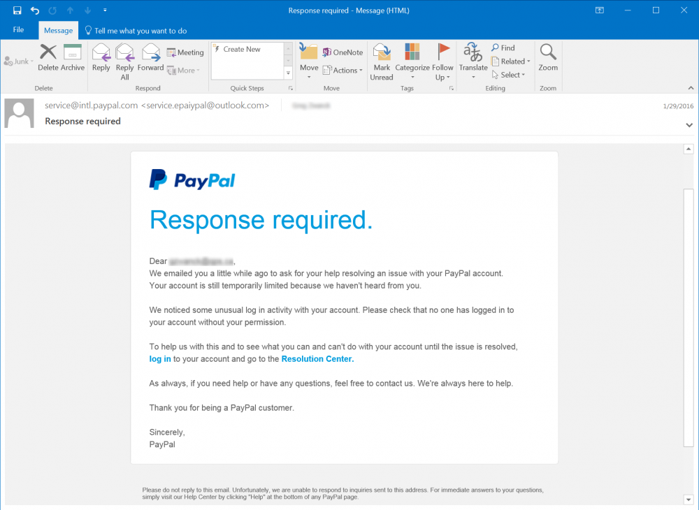 esempio scam phishing paypal email